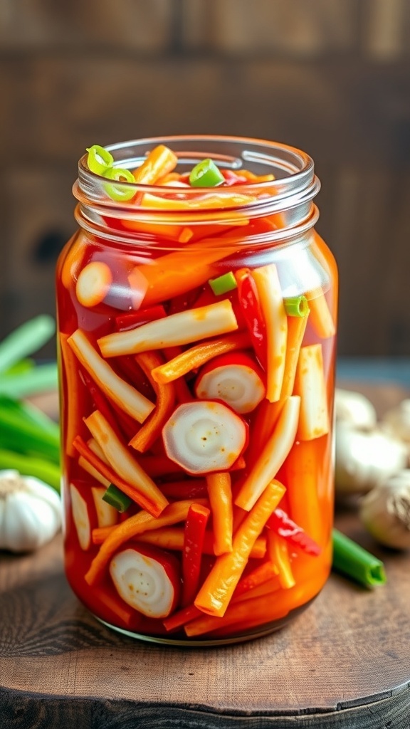 A jar of homemade kimchi filled with napa cabbage, radishes, and green onions, set on a rustic wooden table.